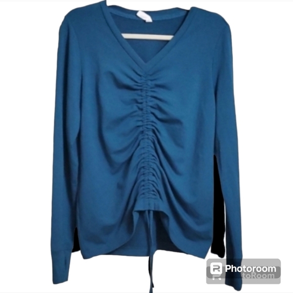 Ideology top women’s size medium blue cinch front crop long sleeve v-neck - Picture 2 of 12